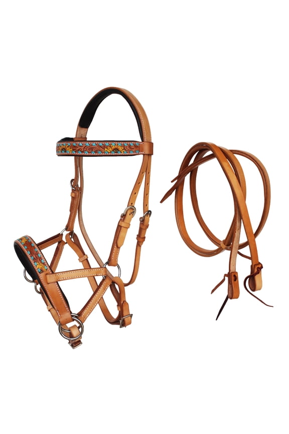Horse Western Leather Sunflower Bitless Sidepull Bridle Split Reins 77RS27TN