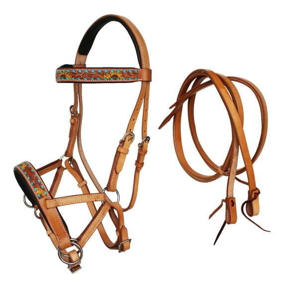 Horse Western Leather Sunflower Bitless Sidepull Bridle Split Reins 77RS27TN
