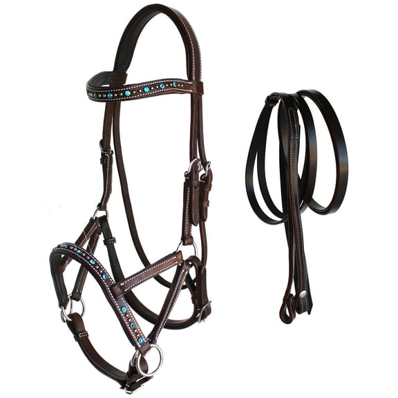 Horse Western Leather Tack Bitless Sidepull Bridle Reins Brown Turquoise 77RS07TR