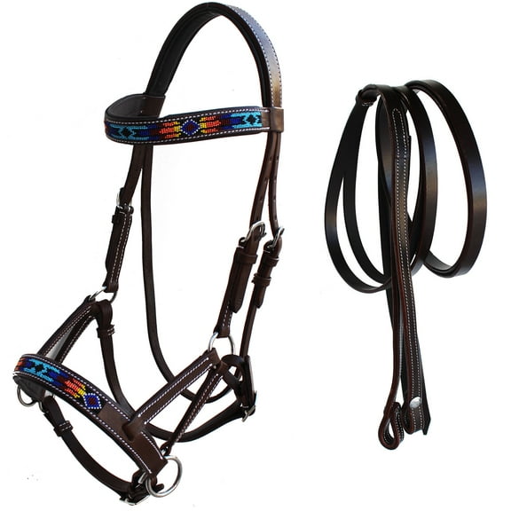 Horse Western Leather Tack Beaded Bitless Sidepull Bridle Reins Brown 77RS16BR