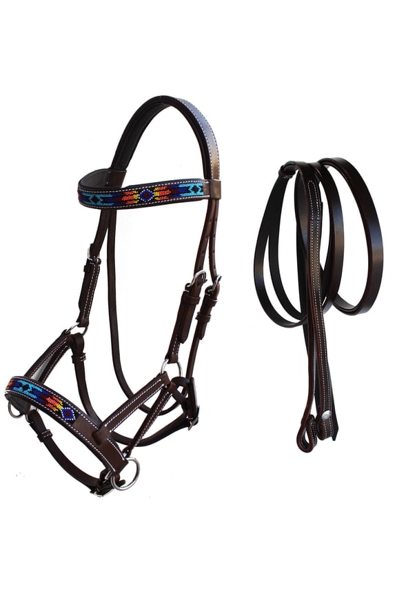 Horse Western Leather Tack Beaded Bitless Sidepull Bridle Reins Brown 77RS16BR