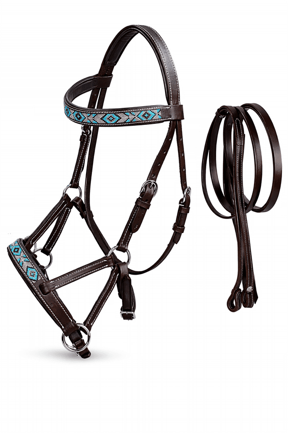 Horse Western Leather Tack Beaded Bitless Sidepull Bridle Reins Brown 77RS20BR