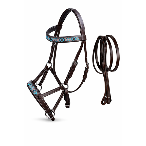 Horse Western Leather Tack Beaded Bitless Sidepull Bridle Reins Brown 77RS20BR