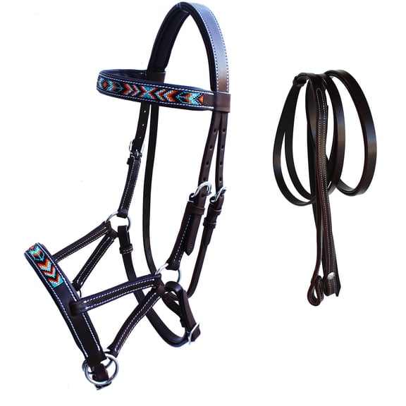 Horse Western Leather Tack Beaded Bitless Sidepull Bridle Reins Brown 77RS22BR