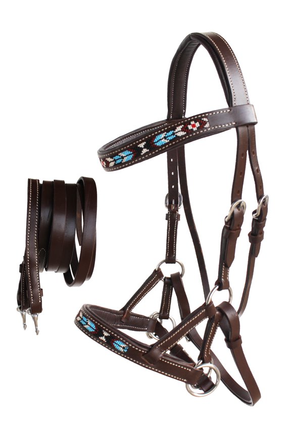 Horse Western Leather Tack Beaded Bitless Sidepull Bridle Reins Brown 77RT07BR-F