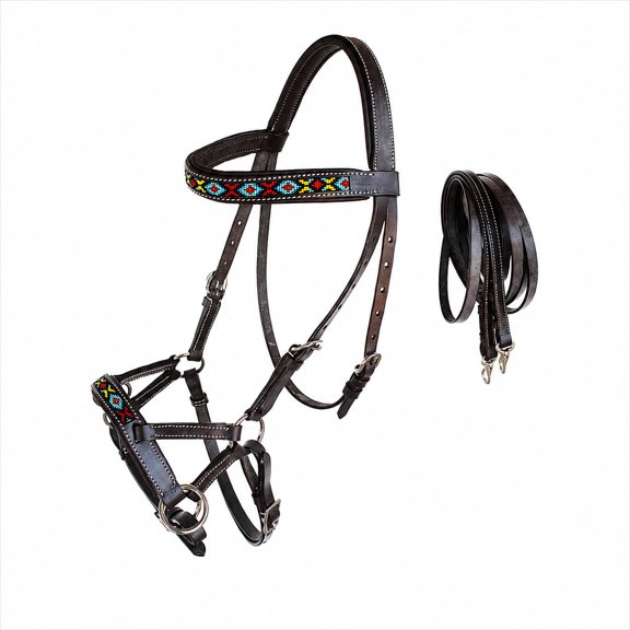 Horse Western Leather Tack Bitless Sidepull Bridle w/ Reins Brown 77RT06BR-F