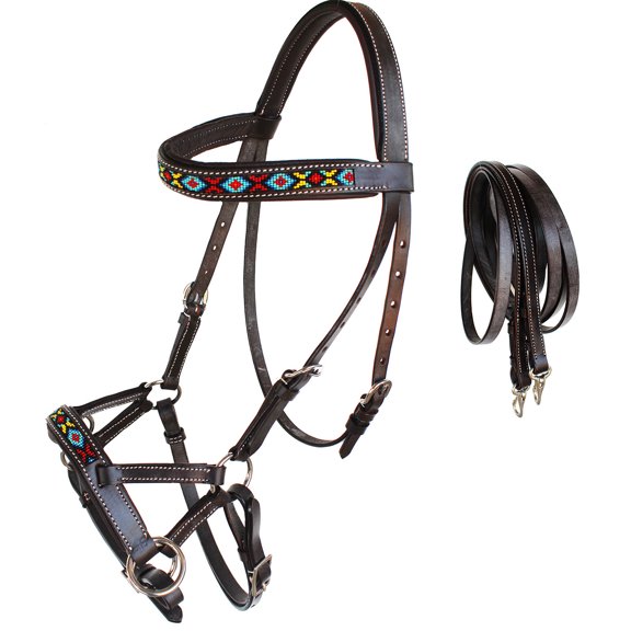 Horse Western Leather Tack Bitless Sidepull Bridle w/ Reins Brown 77RT06BR-F