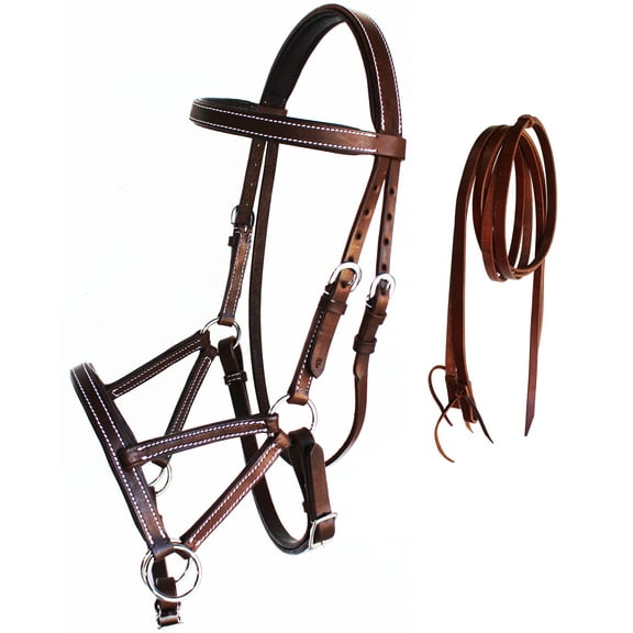 Horse Western Leather Tack Padded Bitless Sidepull Bridle Reins Mahogany 77RS02BR