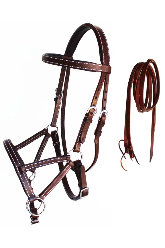 Horse Western Leather Tack Padded Bitless Sidepull Bridle Reins Mahogany 77RS02BR