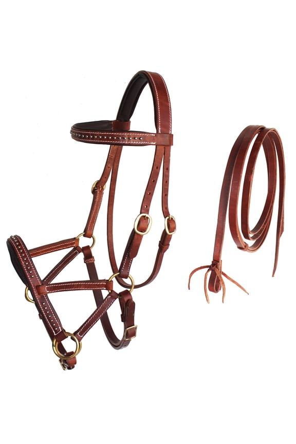 Horse Western Leather Tack Studded Bitless Sidepull Bridle Reins Tan 77RS03TN