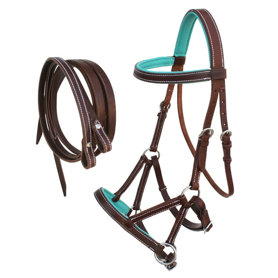 Horse Western Leather Teal Padded Bitless Sidepull Bridle w/ Reins 77RS32TL