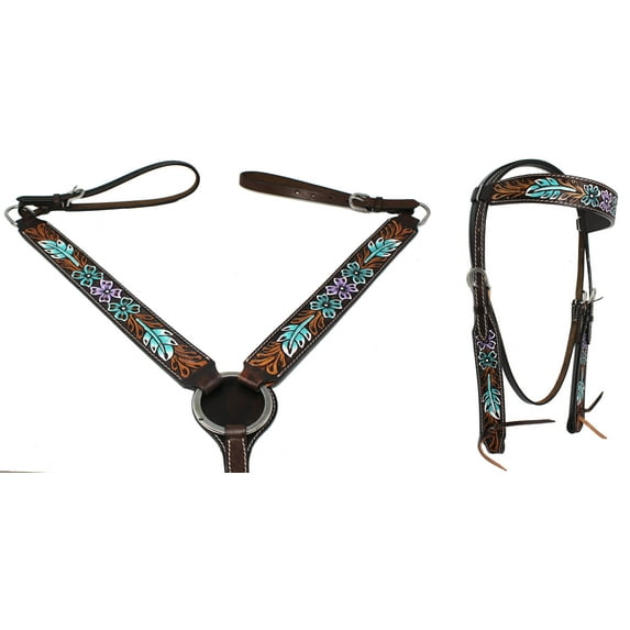 Horse Western Leather Tooled Bridle Headstall Breast Collar Tack Purple 78HR21B