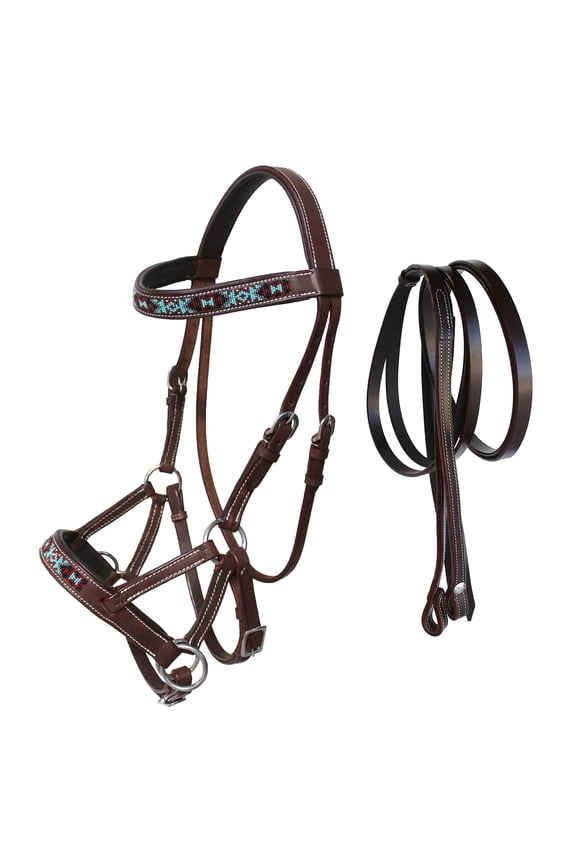 Horse Western Leather Training Tack Bitless Sidepull Beaded Bridle Reins 77RS12BR