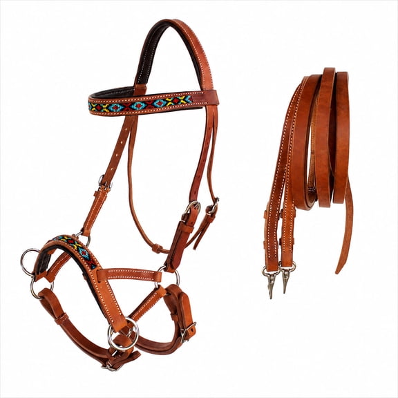 Horse Western Padded Leather Beaded Bitless Sidepull Bridle 77RT06TN-F