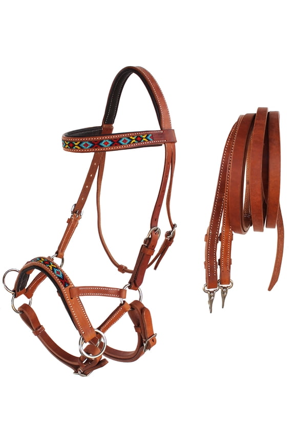 Horse Western Padded Leather Beaded Bitless Sidepull Bridle 77RT06TN-F