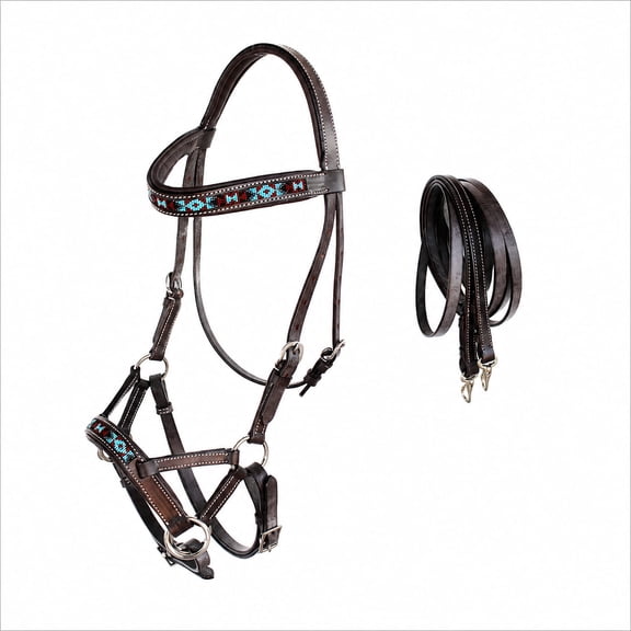 Horse Western Padded Leather Beaded Bitless Sidepull Bridle 77RT17BR-F