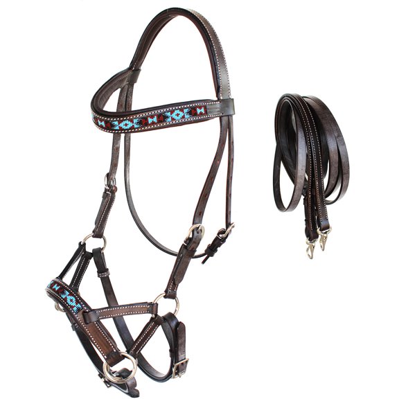 Horse Western Padded Leather Beaded Bitless Sidepull Bridle 77RT17BR-F