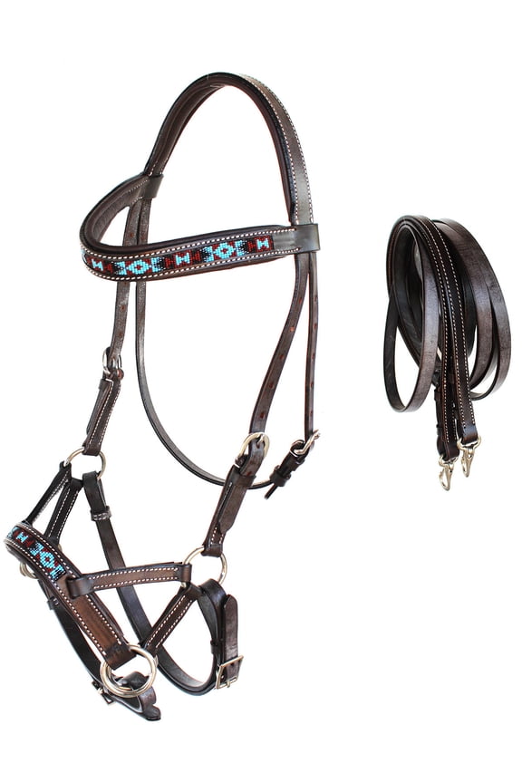 Horse Western Padded Leather Beaded Bitless Sidepull Bridle 77RT17BR-F