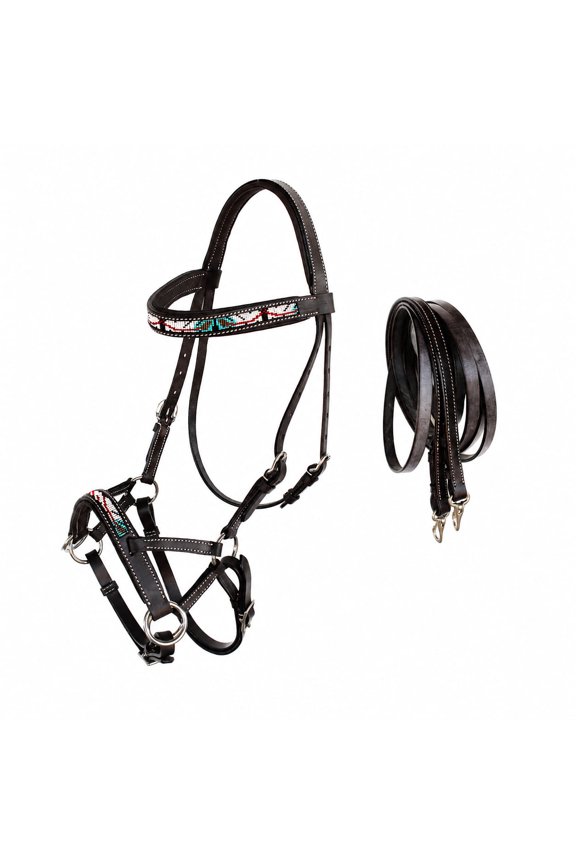 Horse Western Padded Leather Beaded Bitless Sidepull Bridle 77RT18BR-F