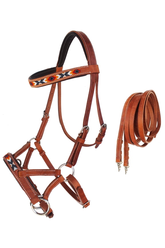 Horse Western Padded Leather Beaded Bitless Sidepull Bridle 77RT20TN-F