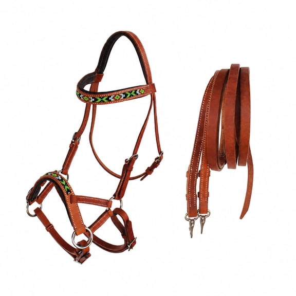 Horse Western Padded Leather Beaded Bitless Sidepull Bridle 77RT21TN-F