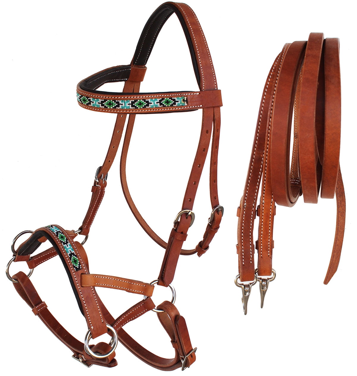 Horse Western Padded Leather Beaded Bitless Sidepull Bridle