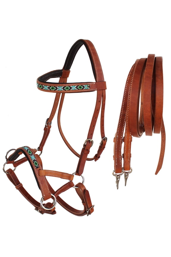 Horse Western Padded Leather Beaded Bitless Sidepull Bridle 77RT22TN-F