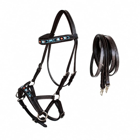 Horse Western Padded Leather Beaded Bitless Sidepull Bridle 77RT23BR-F