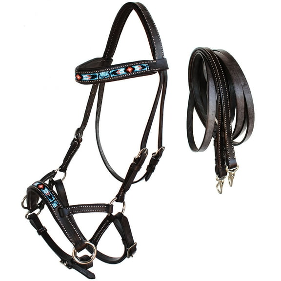 Horse Western Padded Leather Beaded Bitless Sidepull Bridle 77RT23BR-F