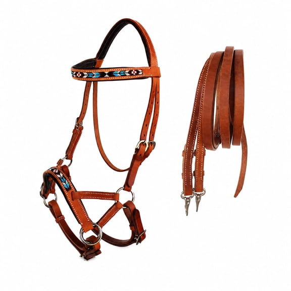 Horse Western Padded Leather Beaded Bitless Sidepull Bridle Reins 77RT07TN-F
