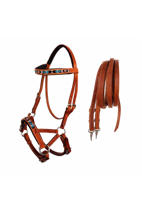 Horse Western Padded Leather Beaded Bitless Sidepull Bridle Reins 77RT07TN-F