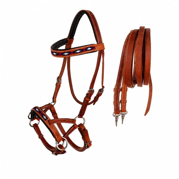 Horse Western Padded Leather Beaded Bitless Sidepull Bridle Reins 77RT08TN-F