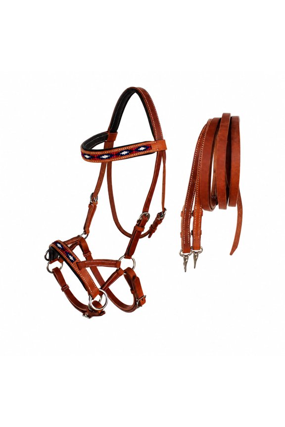 Horse Western Padded Leather Beaded Bitless Sidepull Bridle Reins 77RT08TN-F