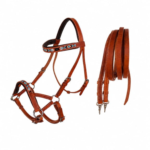 Horse Western Padded Leather Beaded Bitless Sidepull Bridle Reins 77RT10TN-F