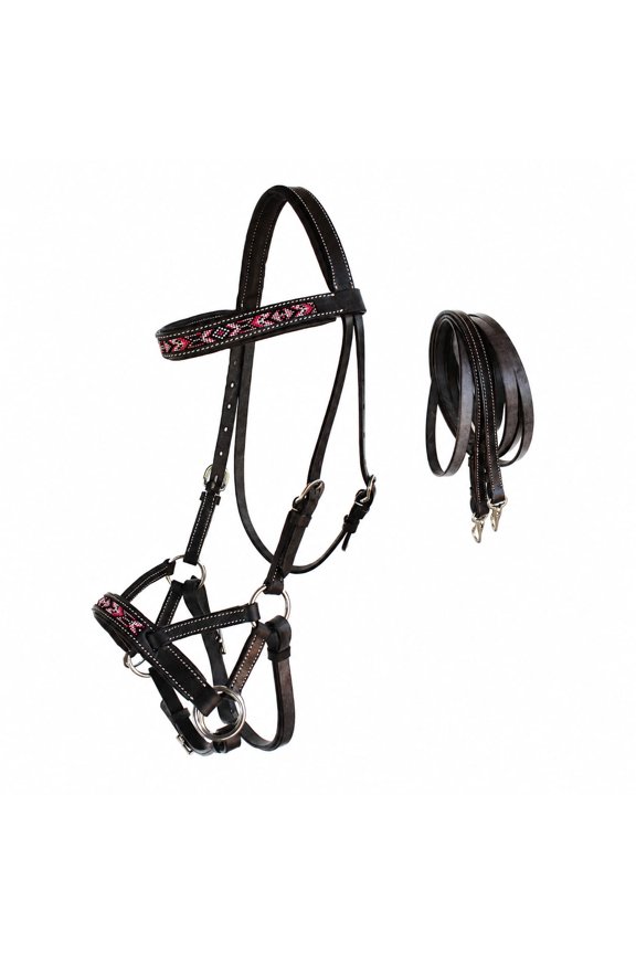 Horse Western Padded Leather Beaded Bitless Sidepull Bridle Reins 77RT13BR-F