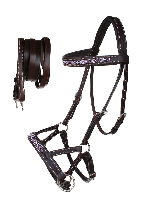 Horse Western Padded Leather Beaded Bitless Sidepull Bridle Reins 77RT13BR-F