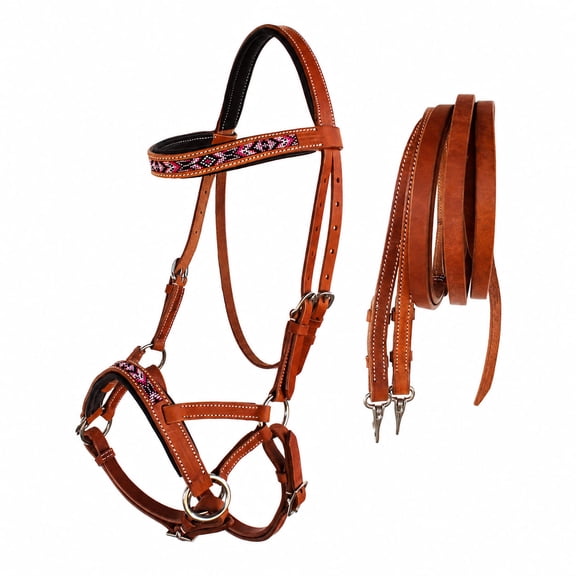 Horse Western Padded Leather Beaded Bitless Sidepull Bridle Reins 77RT13TN-F