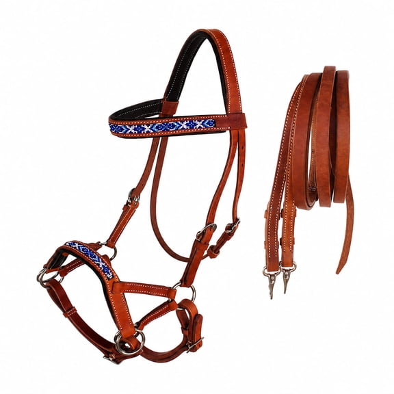 Horse Western Padded Leather Beaded Bitless Sidepull Bridle Reins 77RT14TN-F