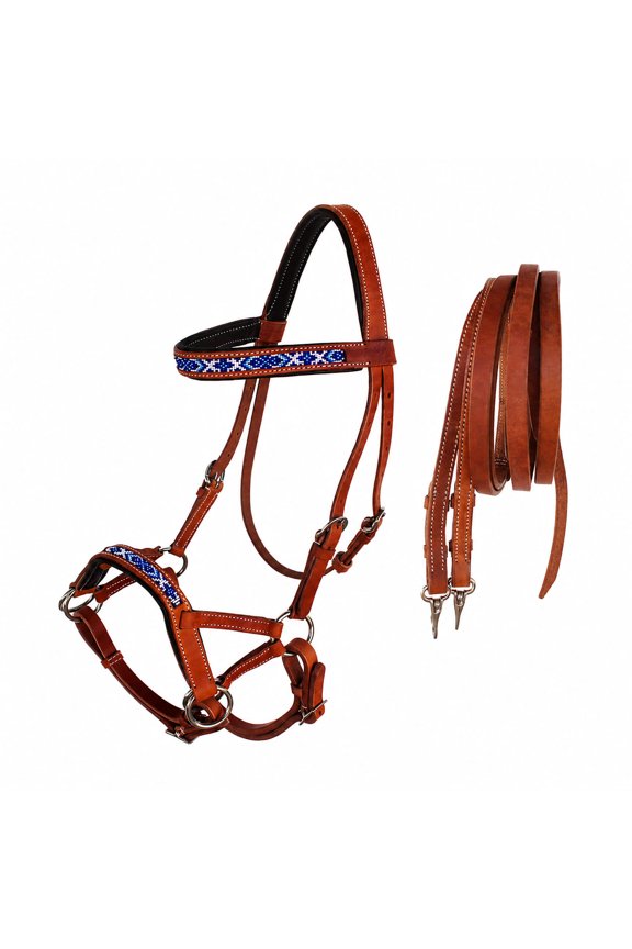 Horse Western Padded Leather Beaded Bitless Sidepull Bridle Reins 77RT14TN-F