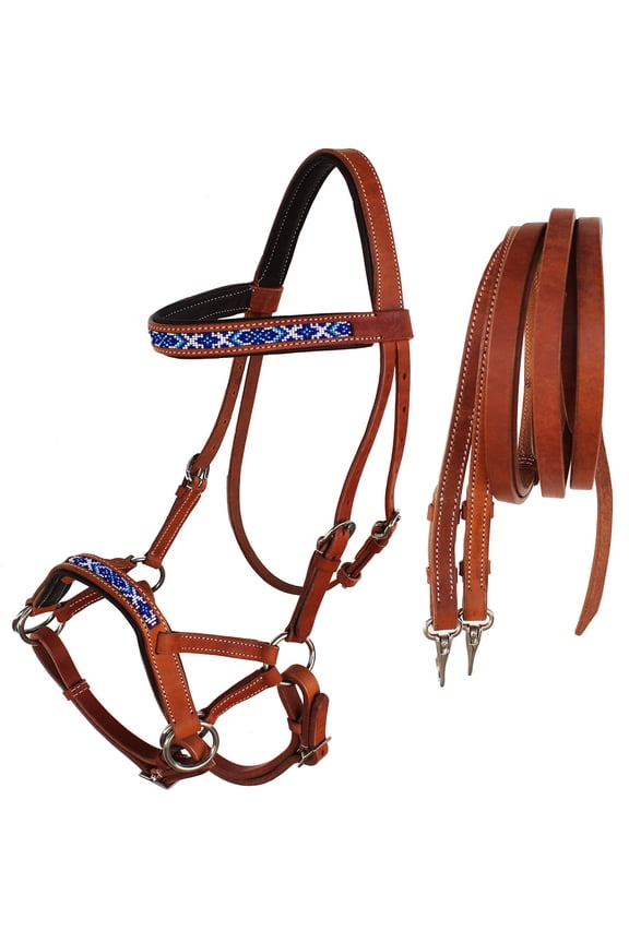 Horse Western Padded Leather Beaded Bitless Sidepull Bridle Reins 77RT14TN-F
