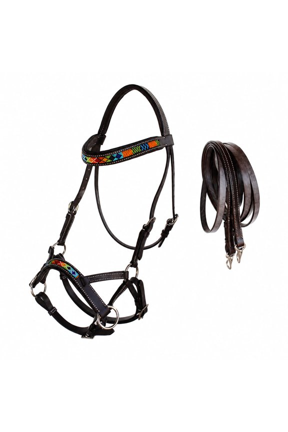 Horse Western Padded Leather Beaded Bitless Sidepull Bridle Reins 77RT15BR-F