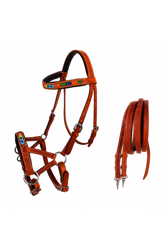 Horse Western Padded Leather Beaded Bitless Sidepull Bridle Reins 77RT15TN-F