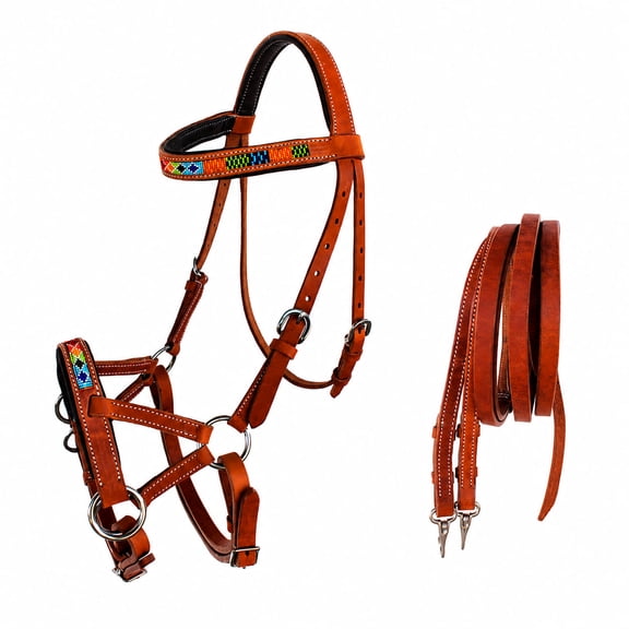 Horse Western Padded Leather Beaded Bitless Sidepull Bridle Reins 77RT15TN-F