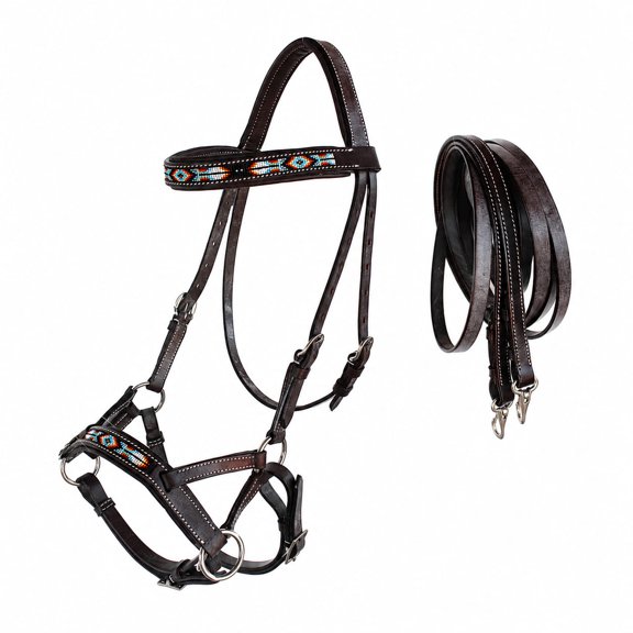 Horse Western Padded Leather Beaded Bitless Sidepull Bridle Reins 77RT16BR-F