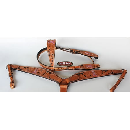 Horse Western Riding Leather Bridle Headstall Breast Cancer Ribbon 7633