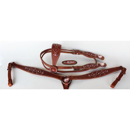 Horse Western Riding Leather Bridle Headstall Breast Collar Tack Pink 7621