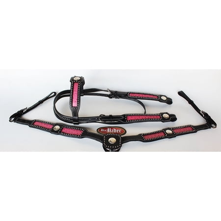 Horse Western Riding Leather Bridle Headstall Breast Collar Tack Pink 7627