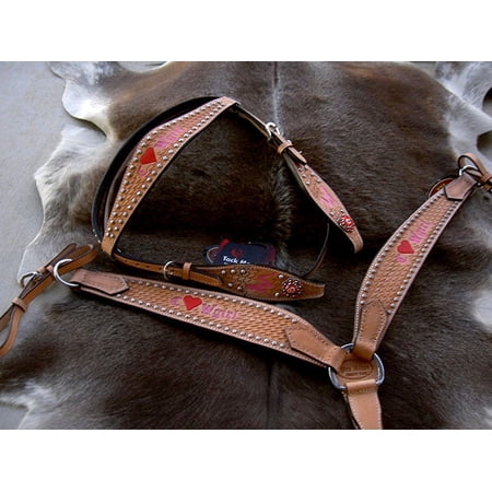 Horse Western Riding Leather Bridle Headstall Breast Collar Tack Pink 7656