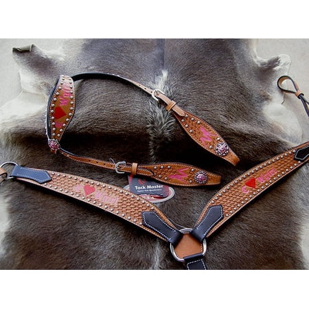 Horse Western Riding Leather Bridle Headstall Breast Collar Tack Pink 7657