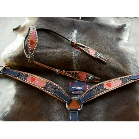 Horse Western Riding Leather Bridle Headstall Breast Collar Tack Pink 7658
